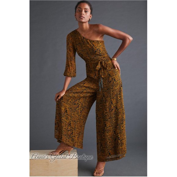 RARE NWT ANTHROPOLOGIE Ollari Paisley Tasseled One-Shoulder Jumpsuit. Size L - Picture 4 of 16